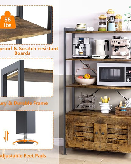 Storage Cabinet with 3 Open Shelves, 1 Cupboard Large Kitchen Industrial Display Standing Shelf, Rustic Brown Wooden and Metal FrameShelf for Living Room, Bedroom, Home Office Organizer - LeafyLoom