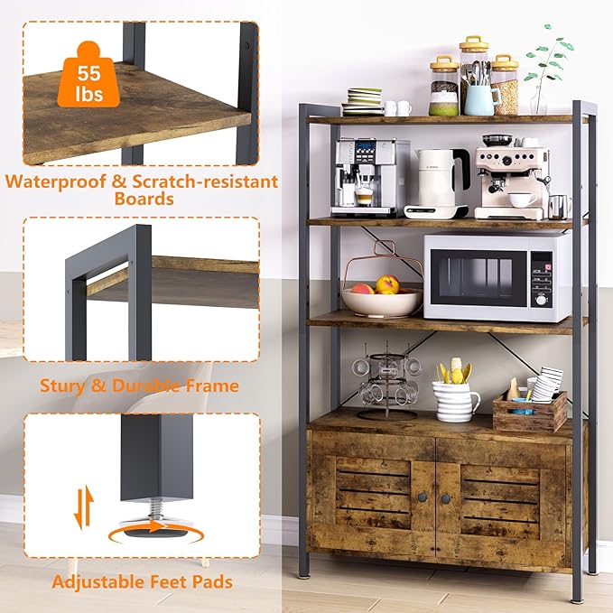 Storage Cabinet with 3 Open Shelves, 1 Cupboard Large Kitchen Industrial Display Standing Shelf, Rustic Brown Wooden and Metal FrameShelf for Living Room, Bedroom, Home Office Organizer - LeafyLoom