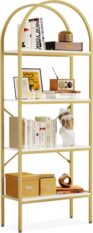 YITAHOME Gold Bookshelf and Bookcase, 71.3” Tall Modern Open Arched Book Shelf, 4-Tier Freestanding Storage Display Rack Shelves for Bedroom,Living Room,Office,Kitchen, White&Gold - LeafyLoom
