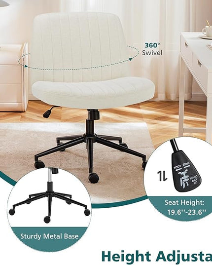 OLIXIS Cross Legged Armless Wide Adjustable Swivel Padded Home Office Desk Chair, Beige with Wheels - LeafyLoom