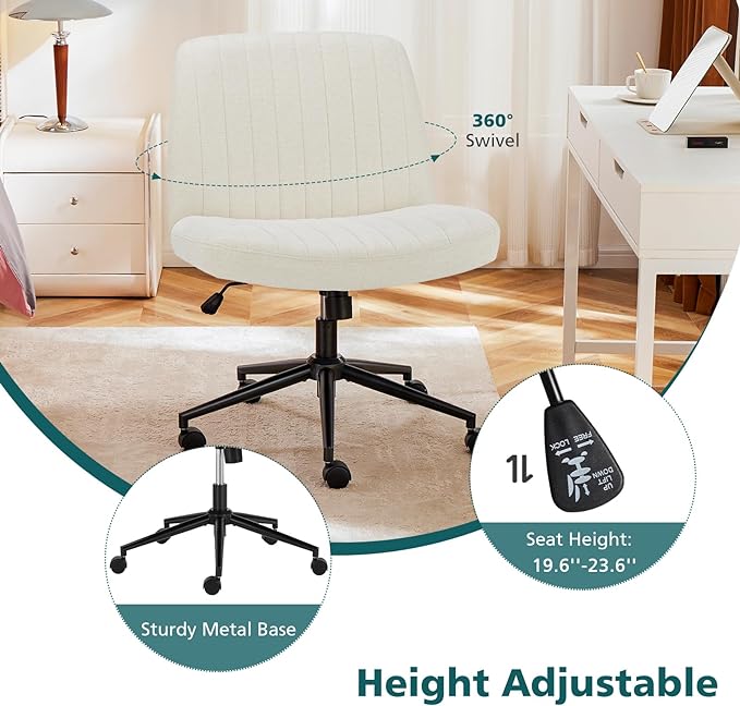 OLIXIS Cross Legged Armless Wide Adjustable Swivel Padded Home Office Desk Chair, Beige with Wheels - LeafyLoom