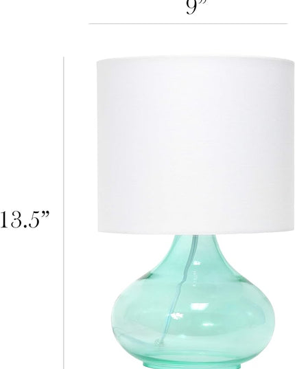 Simple Designs LT2063-AOW Small Glass Raindrop Bedside Table Lamp with White Fabric Shade, Aqua - LeafyLoom