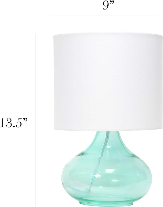 Simple Designs LT2063-AOW Small Glass Raindrop Bedside Table Lamp with White Fabric Shade, Aqua - LeafyLoom