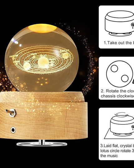 Crystal Ball Globe Solar System Music Box LED Night Light Lamp, Best Decor Gifts for Father Dad Husband Men Boyfriend Girlfriend Mom Women Wife Daughter Kids, Graduation Birthday Anniversary Wedding - LeafyLoom