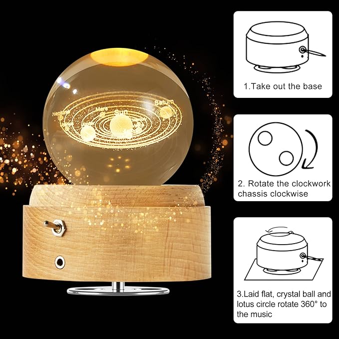 Crystal Ball Globe Solar System Music Box LED Night Light Lamp, Best Decor Gifts for Father Dad Husband Men Boyfriend Girlfriend Mom Women Wife Daughter Kids, Graduation Birthday Anniversary Wedding - LeafyLoom