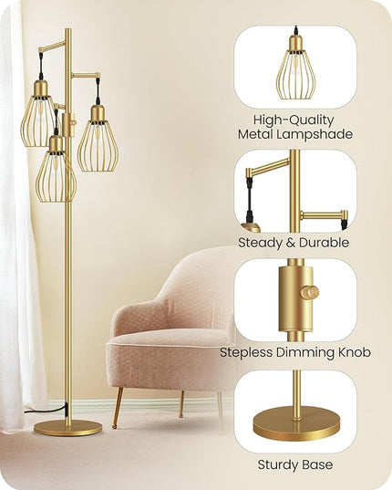 Farmhouse Dimmable Floor Lamp, Industrial Tall Standing Tree Lamp with 3 Elegant Teardrop Cage Heads, 4W 3 LED Bulbs Included, Rustic Standing Lamp for Living Room, Bedroom, Gold D02LD05 - LeafyLoom