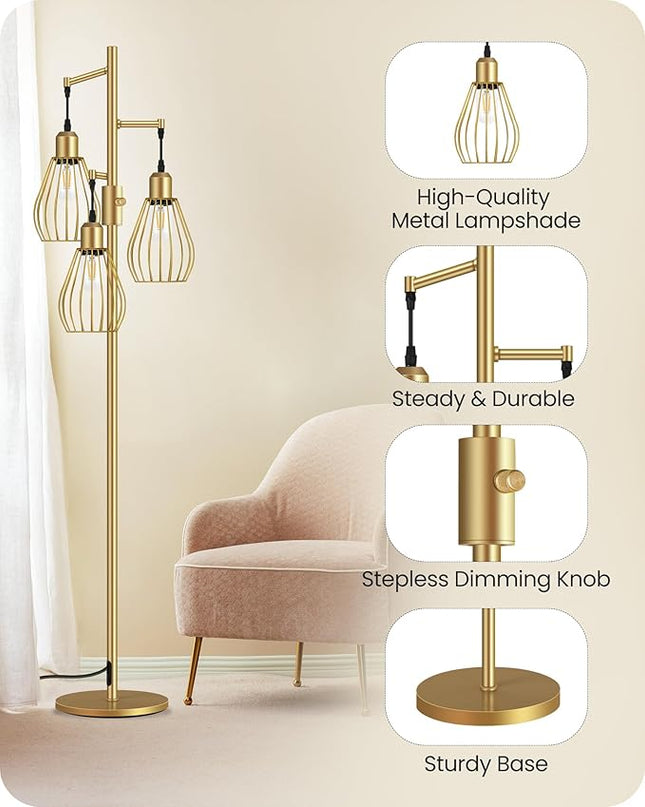 Farmhouse Dimmable Floor Lamp, Industrial Tall Standing Tree Lamp with 3 Elegant Teardrop Cage Heads, 4W 3 LED Bulbs Included, Rustic Standing Lamp for Living Room, Bedroom, Gold D02LD05 - LeafyLoom