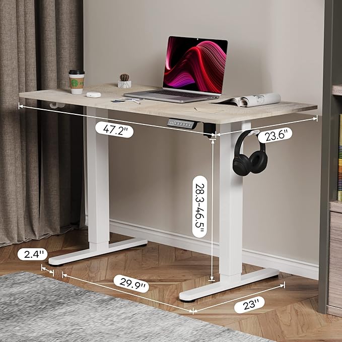 Electric Standing Desk, 48 X 24 Inches Adjustable Height Desk, Modern Sit Stand Up Desk with Splice Board and 2 Hooks, Ergonomic Rising Desk for Home Office, Oak Wood Grain - LeafyLoom