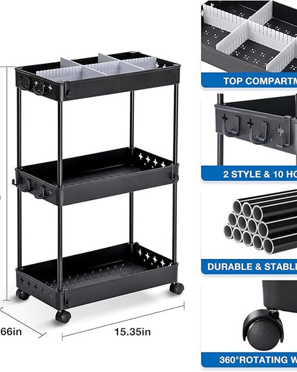 TOOLF Rolling Storage Cart, 3 Tier Utility Cart on Wheels, Bathroom Rolling Cart Organizer with Divider & Hooks, Mobile Shelving Unit Storage Cart for Laundry Kitchen Dorm, Matte Black - LeafyLoom