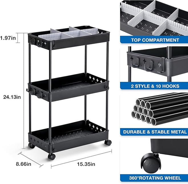 TOOLF Rolling Storage Cart, 3 Tier Utility Cart on Wheels, Bathroom Rolling Cart Organizer with Divider & Hooks, Mobile Shelving Unit Storage Cart for Laundry Kitchen Dorm, Matte Black - LeafyLoom