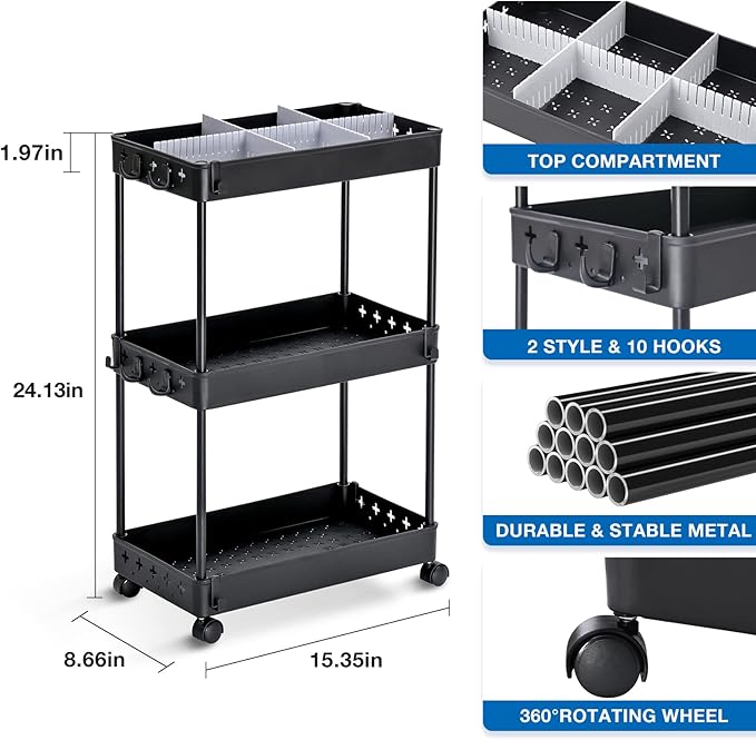 TOOLF Rolling Storage Cart, 3 Tier Utility Cart on Wheels, Bathroom Rolling Cart Organizer with Divider & Hooks, Mobile Shelving Unit Storage Cart for Laundry Kitchen Dorm, Matte Black - LeafyLoom