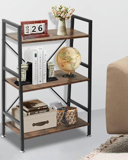 TooCust 3 Tier Bookshelf, 37" x 23" x 12.6", 3 Tier Bookcase, 3 Shelf Bookshelf, Vintage Standing Metal Frame Book Shelves, Small Bookshelf, Rustic Brown - LeafyLoom