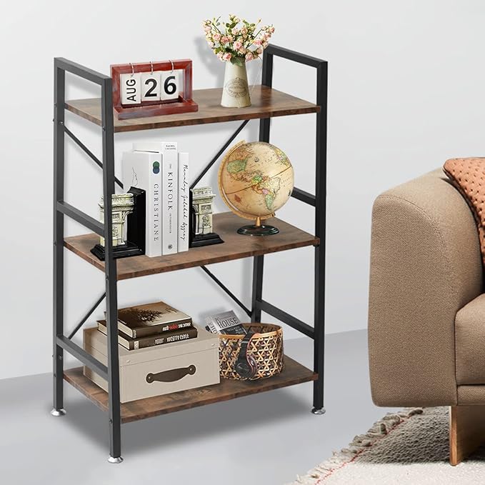 TooCust 3 Tier Bookshelf, 37" x 23" x 12.6", 3 Tier Bookcase, 3 Shelf Bookshelf, Vintage Standing Metal Frame Book Shelves, Small Bookshelf, Rustic Brown - LeafyLoom