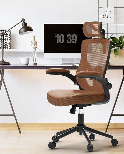 𝑯𝑶𝑴𝑬 𝑶𝑭𝑭𝑰𝑪𝑬 𝑪𝑯𝑨𝑰𝑹, Ergonomic Mesh Desk Chair, High Back Computer Chair- Adjustable Headrest with Flip-Up Arms, Lumbar Support, Swivel Executive Task Chair (Mummy Brown, Modern) - LeafyLoom