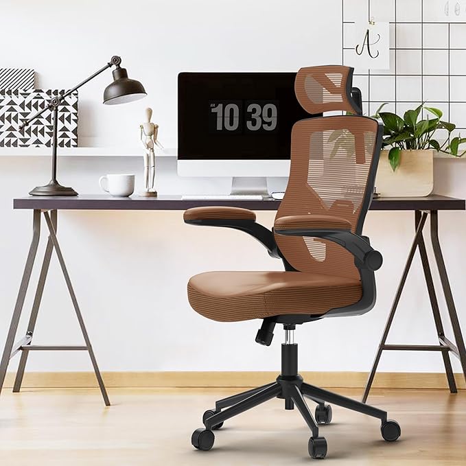 𝑯𝑶𝑴𝑬 𝑶𝑭𝑭𝑰𝑪𝑬 𝑪𝑯𝑨𝑰𝑹, Ergonomic Mesh Desk Chair, High Back Computer Chair- Adjustable Headrest with Flip-Up Arms, Lumbar Support, Swivel Executive Task Chair (Mummy Brown, Modern) - LeafyLoom