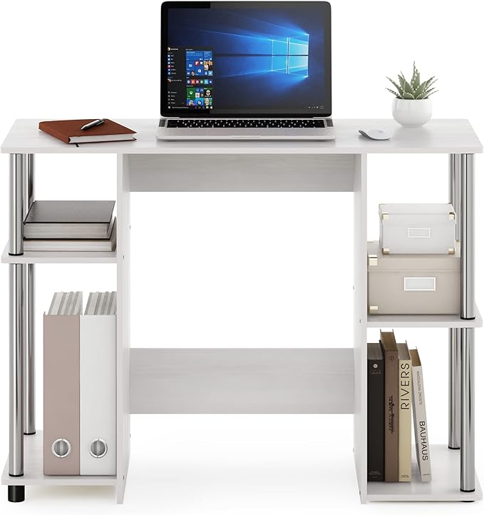 Furinno Jaya Computer Study Desk, White Oak/Stainless Steel - LeafyLoom