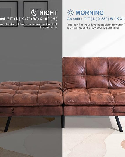MUUEGM Futon Sofa Bed Memory Foam Convertible Sleeper Couch,Modern Faux Leather Folding Love seat for Living Room,Compact Space,Apartment,Office,Dorm,71" Dx33 Wx31.5 H, Brown - LeafyLoom