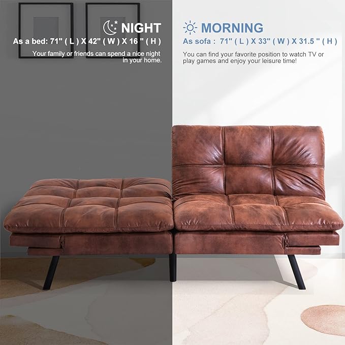 MUUEGM Futon Sofa Bed Memory Foam Convertible Sleeper Couch,Modern Faux Leather Folding Love seat for Living Room,Compact Space,Apartment,Office,Dorm,71" Dx33 Wx31.5 H, Brown - LeafyLoom