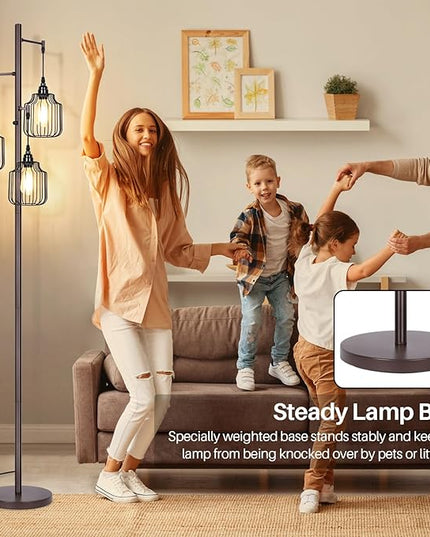 Dimmable Industrial Floor Lamp with 3 LED Edsion Bulbs, Farmhouse Tall Standing Lamp for Living Room, Rustic Brown Tree Floor Lamp, Bright Vintage Pole Light with Cage Shades for Bedroom Home Decor - LeafyLoom