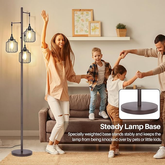 Dimmable Industrial Floor Lamp with 3 LED Edsion Bulbs, Farmhouse Tall Standing Lamp for Living Room, Rustic Brown Tree Floor Lamp, Bright Vintage Pole Light with Cage Shades for Bedroom Home Decor - LeafyLoom