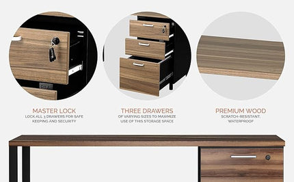 Milano Home Office Desk - 47Inch Cass Walnut/Black Home Office Desk with Drawers - Modern Computer Desk with Storage, Detachable & Lockable Computer Cabinet - Wooden Office, Study, and Writing Table - LeafyLoom