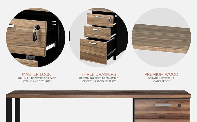 Milano Home Office Desk - 47Inch Cass Walnut/Black Home Office Desk with Drawers - Modern Computer Desk with Storage, Detachable & Lockable Computer Cabinet - Wooden Office, Study, and Writing Table - LeafyLoom