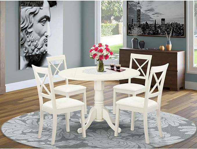 East West Furniture DLBO5-LWH-LC 5 Piece Dining Room Furniture Set Includes a Round Kitchen Table with Dropleaf and 4 Faux Leather Upholstered Dining Chairs, 42x42 Inch, Linen White - LeafyLoom