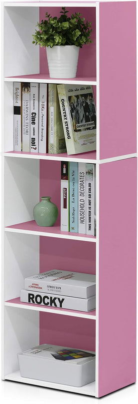 Furinno 5-Tier Reversible Color Open Shelf Bookcase , White/Pink 11055WH/PI - LeafyLoom