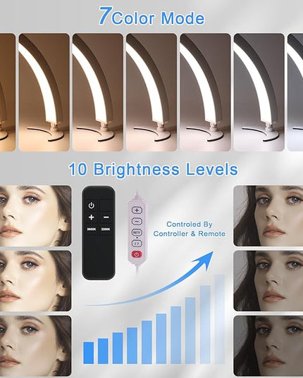 Half Moon Light for Desk, 28.7" Foldable Arch LED Nail Tech Lamp with 7 Color Modes, 10-Level Brightness for Professional Manicure Salon, Tattoo, Eyelash Extensions, Reading- White - LeafyLoom