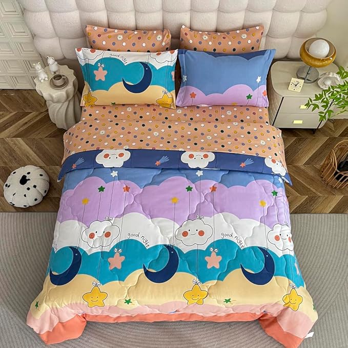 Kids Moon Stars Cloud Comforter Set Twin size - 7 Piece Rainbow Kawaii Bedding Set Bed in A Bag for Girls Boys Teens - Goodnight Moon Neutral Soft Comfortable Machine Washable Bed Set - LeafyLoom