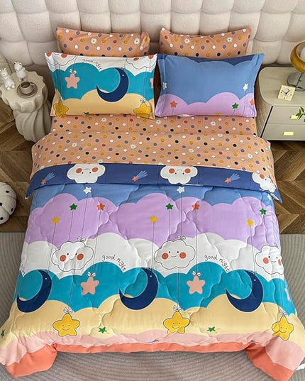 Kids Moon Stars Cloud Comforter Set Full size - 7 Piece Rainbow Kawaii Bedding Set Bed in A Bag for Girls Boys Teens - Goodnight Moon Neutral Soft Comfortable Machine Washable Bed Set - LeafyLoom