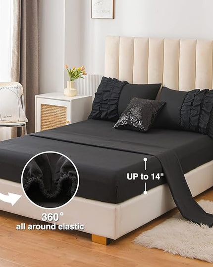 A Nice Night Waterfall Flutter Ruffle Comforter Sets,Ruffled Textured Chic Princess 6pcs Bedding Set,with Bling Shiny Sequin Throw Pillow Case,Black,Full - LeafyLoom