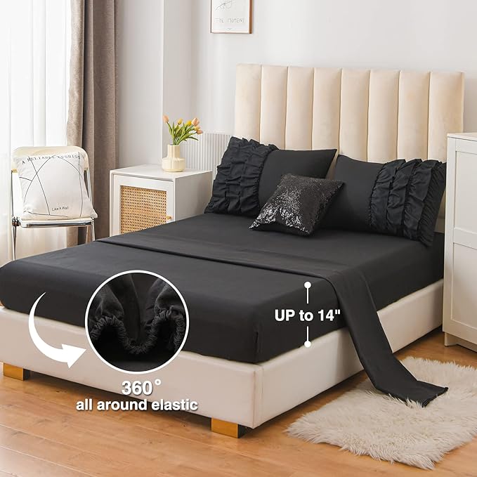 A Nice Night Waterfall Flutter Ruffle Comforter Sets,Ruffled Textured Chic Princess 6pcs Bedding Set,with Bling Shiny Sequin Throw Pillow Case,Black,Full - LeafyLoom