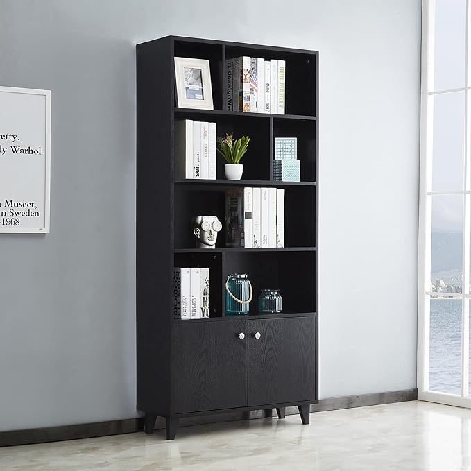 Modern Bookcase with 2 doors 68" Tall Storage Wooden Bookshelf with 7 Compartments for Home Office, Black - LeafyLoom