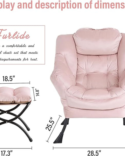 Lazy Chair with Ottoman, Modern Chair with Folding Footrest, Lounge Accent Chair, Comfortable Reading Chair, Oversized Armchairs for Bedroom, Study, Living Room, Courtyard (Pink) - LeafyLoom