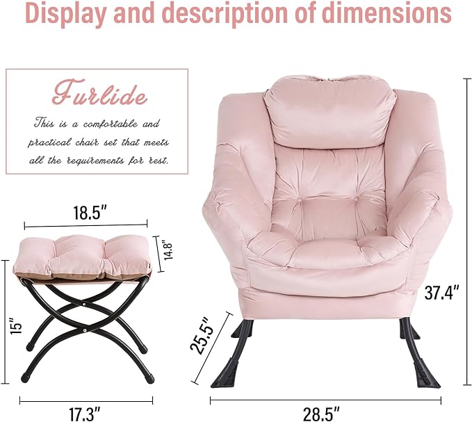 Lazy Chair with Ottoman, Modern Chair with Folding Footrest, Lounge Accent Chair, Comfortable Reading Chair, Oversized Armchairs for Bedroom, Study, Living Room, Courtyard (Pink) - LeafyLoom