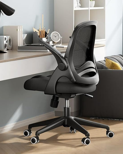Hbada Office Chair, Desk Chair with Flip-Up Armrests and Saddle Cushion, Ergonomic Office Chair with S-Shaped Backrest, Swivel, Mesh, for Home and Office, Black - LeafyLoom