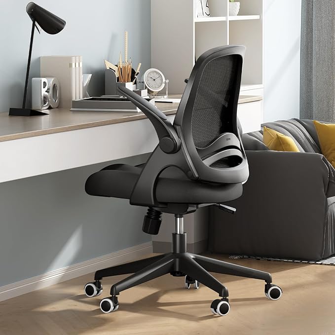 Hbada Office Chair, Desk Chair with Flip-Up Armrests and Saddle Cushion, Ergonomic Office Chair with S-Shaped Backrest, Swivel, Mesh, for Home and Office, Black - LeafyLoom