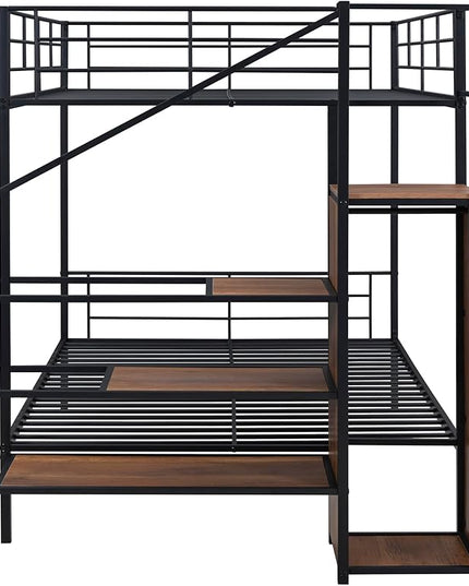 Full Over Full Metal Bunk Bed Frame with Lateral Storage Ladder & Wardrobe,Heavy-Duty Steel Frame Bunk Bed with Safety Guard Rails, for Kids Teens Adults, No Box Spring Needed - LeafyLoom