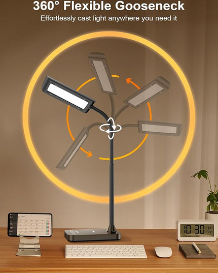 LED Desk Lamp with USB Charging Port, 5 Lighting Modes & 7 Brightness Dimmable Table Lamp, Flexible Gooseneck Lamp, Eye-Caring Reading Light with Memory Function - LeafyLoom