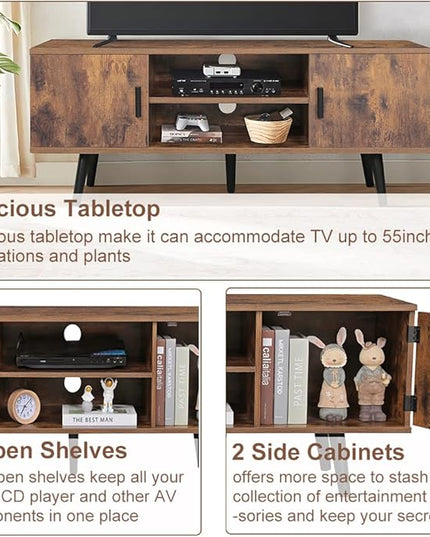 Iwell TV Stand for 55 Inch TV, TV Console with 2 Cabinets and Shelves, TV Stands for Living Room/Bedroom, Rustic Brown - LeafyLoom