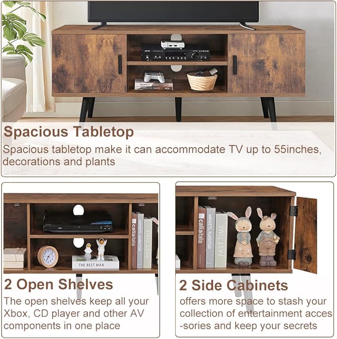 Iwell TV Stand for 55 Inch TV, TV Console with 2 Cabinets and Shelves, TV Stands for Living Room/Bedroom, Rustic Brown - LeafyLoom