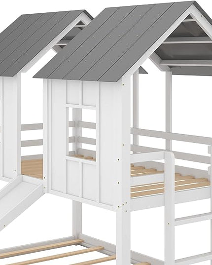 Low House Bunk Bed with Slide and Windows, Twin Over Twin Wooden Bunk Beds with Safety Guardrails for Kids Teen, Girls, Boys, White - LeafyLoom
