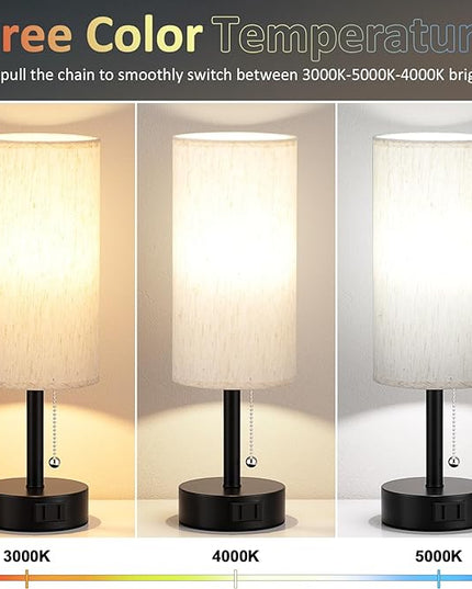 Bedside Table Lamps Set of 2 - 3 Color Temperatures Pull Chain Lamp with AC Outlet Charging Port, Two Round Night Stand Lamps for Bedroom Guest Room Office, Small Bed Side Light with E26 LED Bulbs - LeafyLoom
