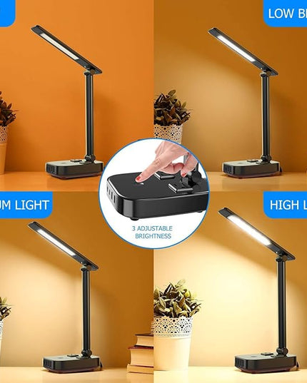 LED Desk Lamp with 4 USB Charging Ports and 2 AC Outlets,5ft Extension Cord Power Strip Station, 3 Level Brightness, Touch Dimmer Control, Office Table Eye Care Lamp bedroom hotel - LeafyLoom