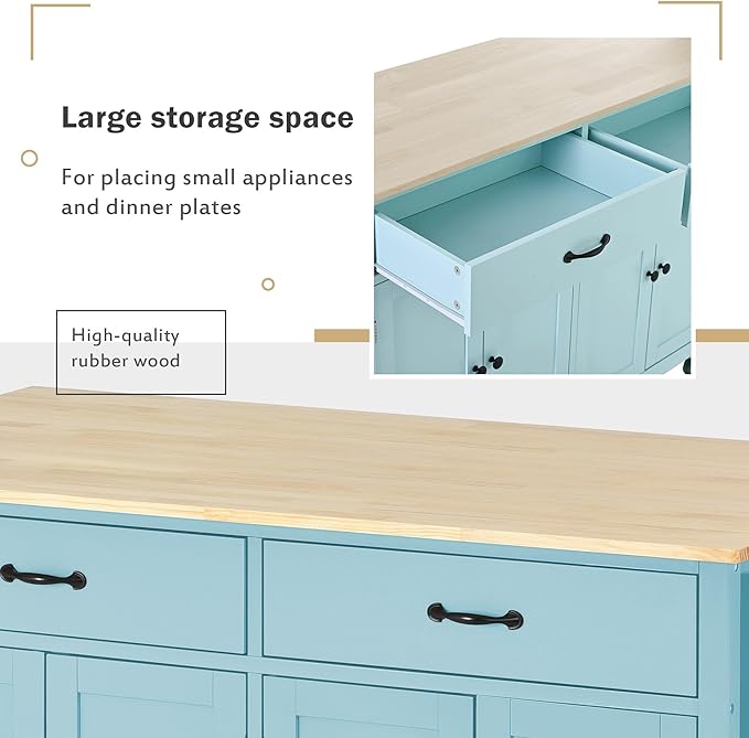 Kitchen Island Cart with Solid Wood Top, Mobile Kitchens Carts with Storage Cabinet, Rolling Kitchen Table w/Spice Rack, Towel Rack, and Drawer, Portable Islands on Wheels for Bar - LeafyLoom