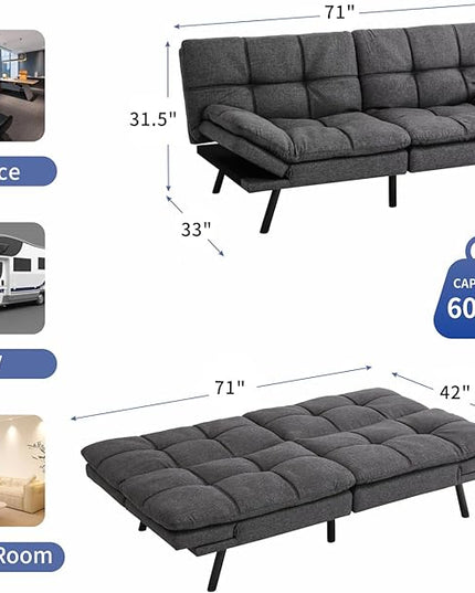 MUUEGM Futon Couch Bed, Convertible Memory Foam Sofa Bed, Modern Love Seat Daybed Sofa for Living Room,Small Space,Office,71",Adjustable Backrests Armrests Couch Bed Sleeper,Linen Grey - LeafyLoom
