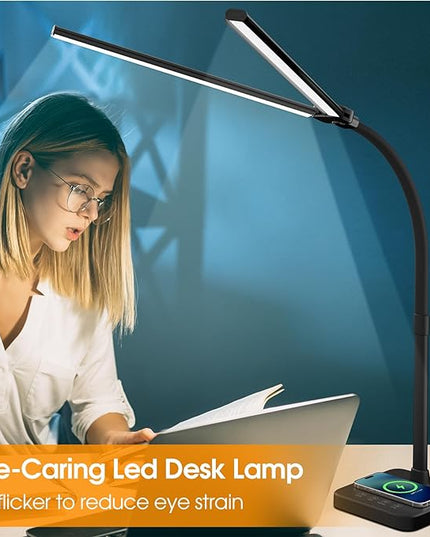 ShineTech LED Desk Lamp for Home Office, 24W Double Head Desk Light with Wireless Charging, USB Port, 25 Lighting Modes Adjustable Gooseneck Lamps - LeafyLoom