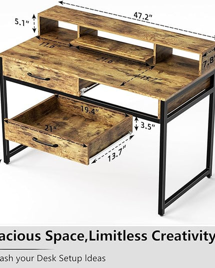 Computer Desk with Drawers, 47" Home Office Desk with Monitor Shelf, Writing Desk with Storage, Gaming Desk Work Desk Study Desk for Bedroom, Rustic Brown - LeafyLoom