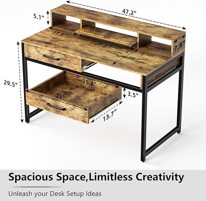 Computer Desk with Drawers, 47" Home Office Desk with Monitor Shelf, Writing Desk with Storage, Gaming Desk Work Desk Study Desk for Bedroom, Rustic Brown - LeafyLoom